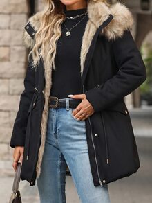 SHEIN Clasi Winter Drawstring Waist Thermal Lined Hooded Parka Jacket - Black - View 7