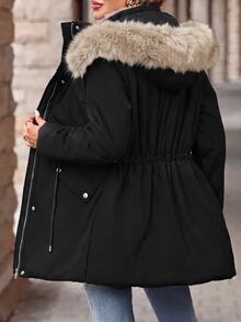 SHEIN Clasi Winter Drawstring Waist Thermal Lined Hooded Parka Jacket - Black - View 6