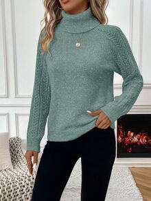 SHEIN Casual Solid Color Turtleneck Sweater, Autumn/Winter - Green - View 7