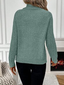 SHEIN Casual Solid Color Turtleneck Sweater, Autumn/Winter - Green - View 2