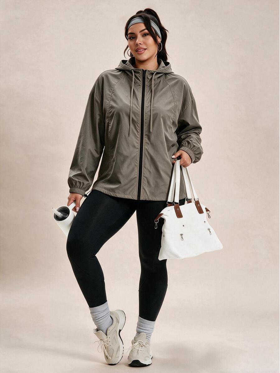 SHEIN Rhythm Era Women's Solid Color Zipper Casual Daily Long Sleeve Sports Jacket - Grey - View 1