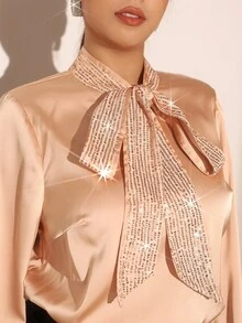 Cravure Plus Size Women Elegant Casual Fashion Sequin Bow Blouse - Champagne - View 7