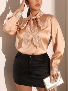 Cravure Plus Size Women Elegant Casual Fashion Sequin Bow Blouse - Champagne - View 3