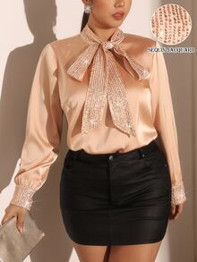 Cravure Plus Size Women Elegant Casual Fashion Sequin Bow Blouse - Champagne - View 1