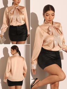 Cravure Plus Size Women Elegant Casual Fashion Sequin Bow Blouse - Champagne - View 9