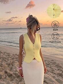 Skyraze Women's Solid Color V-Neck Single-Breasted Elegant Knit Cardigan Vest - Light Yellow - View 1