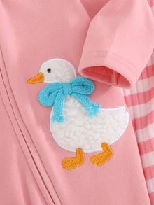 Cozy Pixies 2件組新生兒嬰兒休閒日常舒適連身衣，卡通刺繡 3D 蝴蝶結條紋印花針織秋冬居家服，2款式 1 - 粉色 - 查看 4