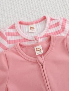 Cozy Pixies 2件組新生兒嬰兒休閒日常舒適連身衣，卡通刺繡 3D 蝴蝶結條紋印花針織秋冬居家服，2款式 1 - 粉色 - 查看 3