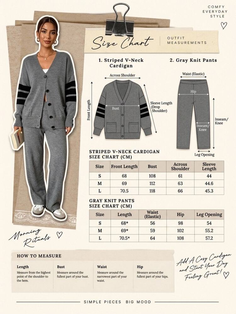 SHEIN Women's Preppy Varsity Stripe Sleeve V Neck Button Front Cropped Knit Cardigan High Waist Wide Leg Knit Pants Two Pieces Matching Co Ord Lounge Set - Grey - View 8