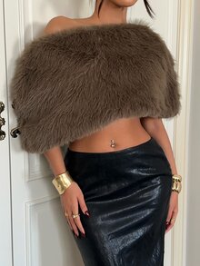 Aloruh Women's Autumn/Winter Versatile Asymmetrical Collar Faux Fur Top, Taupe Fluffy Fashion Elegant Top Date Night Night Out Party - Army Green - View 5