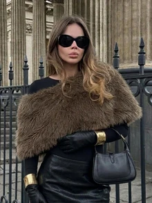Aloruh Women's Autumn/Winter Versatile Asymmetrical Collar Faux Fur Top, Taupe Fluffy Fashion Elegant Top Date Night Night Out Party - Army Green - View 7