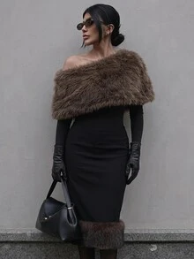Aloruh Women's Autumn/Winter Versatile Asymmetrical Collar Faux Fur Top, Taupe Fluffy Fashion Elegant Top Date Night Night Out Party - Army Green - View 4