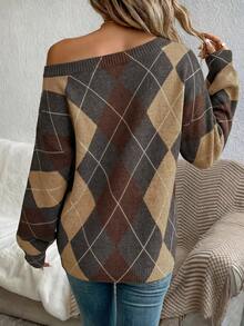 EMERY ROSE Women's 90s Retro Grey Off-Shoulder Sweater,Preppy Argyle Pattern Cozy Knit For Winter Back-To-School,Casual Bohemian Sweaters For Autumn & Spring - Multicolor - View 2