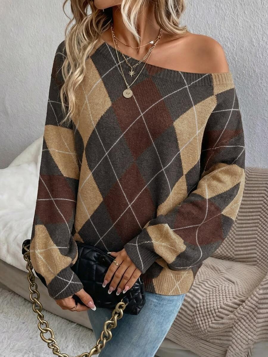 EMERY ROSE Women's 90s Retro Grey Off-Shoulder Sweater,Preppy Argyle Pattern Cozy Knit For Winter Back-To-School,Casual Bohemian Sweaters For Autumn & Spring - Multicolor - View 1