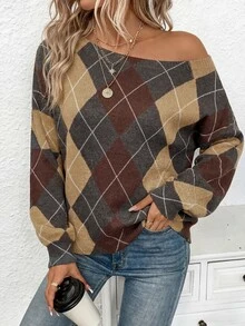 EMERY ROSE Women's 90s Retro Grey Off-Shoulder Sweater,Preppy Argyle Pattern Cozy Knit For Winter Back-To-School,Casual Bohemian Sweaters For Autumn & Spring - Multicolor - View 3