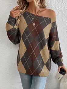 EMERY ROSE Women's 90s Retro Grey Off-Shoulder Sweater,Preppy Argyle Pattern Cozy Knit For Winter Back-To-School,Casual Bohemian Sweaters For Autumn & Spring - Multicolor - View 4