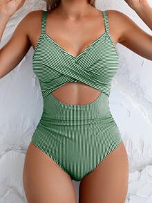 Swim Basics 女式性感连体条纹镂空前系带后背泳衣 - 綠色 - 查看 6