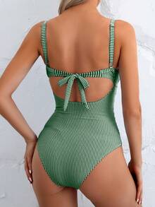Swim Basics 女式性感连体条纹镂空前系带后背泳衣 - 綠色 - 查看 3