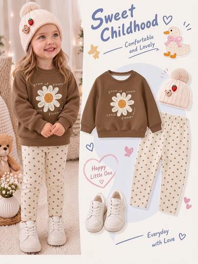 Baby Girl Casual Minimalist Loose Crew Neck Sweatshirt And Elastic Waist Long Pants Set, Thermal Lined, Suitable For Autumn/Winter