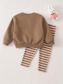 Baby Girl Casual Minimalist Loose Crew Neck Sweatshirt And Elastic Waist Long Pants Set, Thermal Lined For Autumn/Winter, Cute Bow Bear Design - Multicolor - View 7