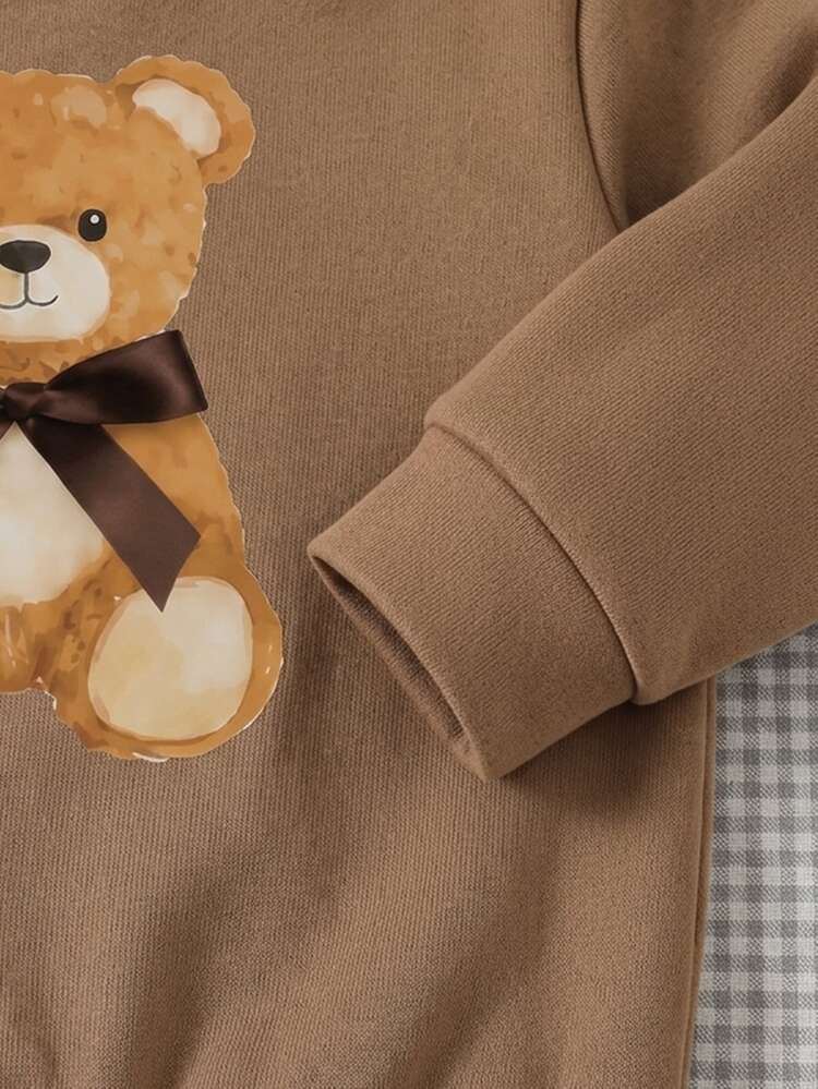 Baby Girl Casual Minimalist Loose Crew Neck Sweatshirt And Elastic Waist Long Pants Set, Thermal Lined For Autumn/Winter, Cute Bow Bear Design - Multicolor - View 4
