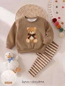 Baby Girl Casual Minimalist Loose Crew Neck Sweatshirt And Elastic Waist Long Pants Set, Thermal Lined For Autumn/Winter, Cute Bow Bear Design - Multicolor - View 2