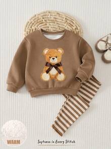 Baby Girl Casual Minimalist Loose Crew Neck Sweatshirt And Elastic Waist Long Pants Set, Thermal Lined For Autumn/Winter, Cute Bow Bear Design - Multicolor - View 9