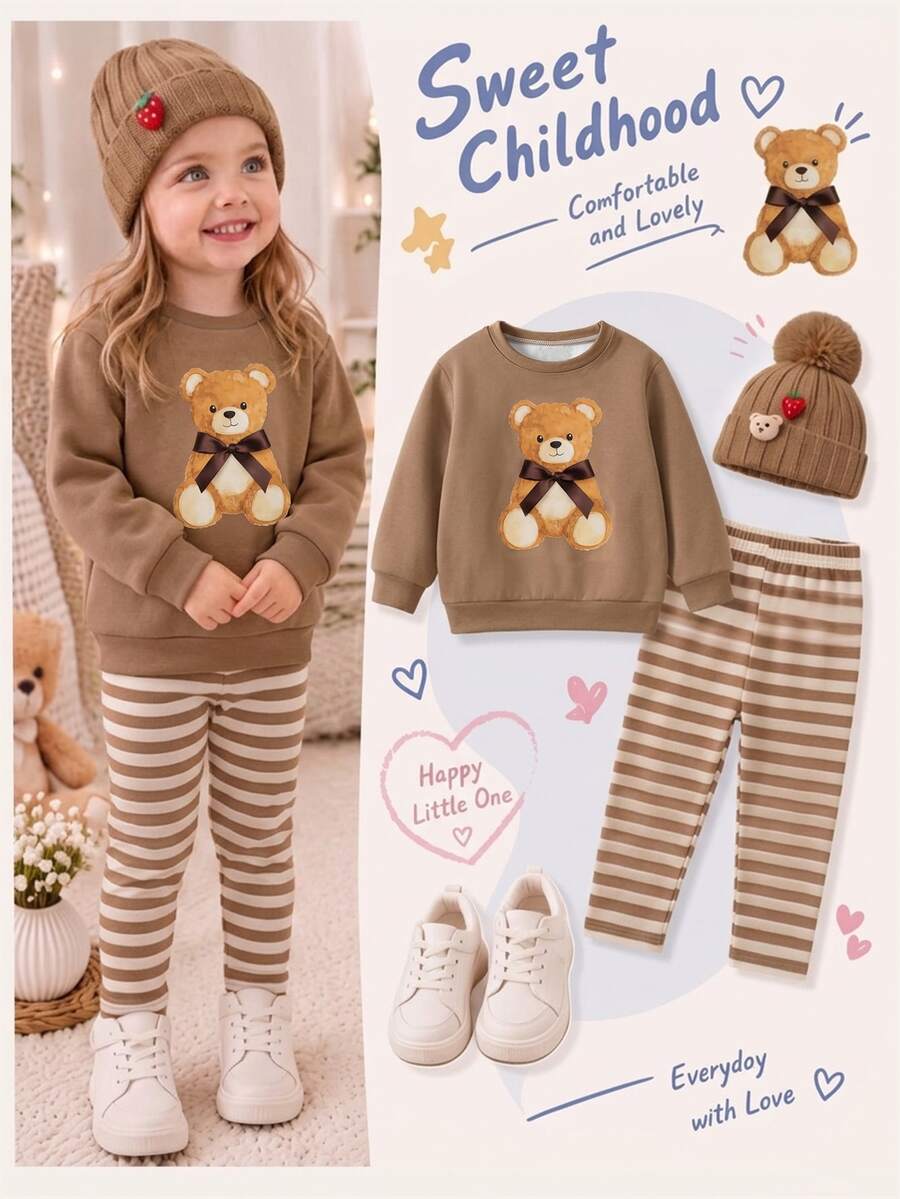 Baby Girl Casual Minimalist Loose Crew Neck Sweatshirt And Elastic Waist Long Pants Set, Thermal Lined For Autumn/Winter, Cute Bow Bear Design - Multicolor - View 1