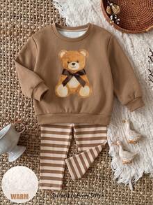 Baby Girl Casual Minimalist Loose Crew Neck Sweatshirt And Elastic Waist Long Pants Set, Thermal Lined For Autumn/Winter, Cute Bow Bear Design - Multicolor - View 6