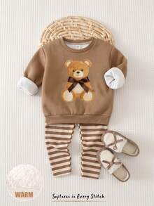 Baby Girl Casual Minimalist Loose Crew Neck Sweatshirt And Elastic Waist Long Pants Set, Thermal Lined For Autumn/Winter, Cute Bow Bear Design - Multicolor - View 11