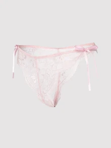 MISSGUIDED طقم ملابس داخلية من الدانتيل الزهري مع حمالة صدر وسروال داخلي جريء مزين بفيونكة ساتان على الجانبين وحافة متموجة هدية عيد الحب - وردي فاتح - مشاهدة 4