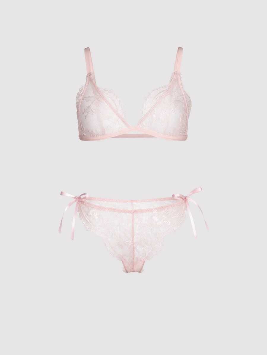 MISSGUIDED طقم ملابس داخلية من الدانتيل الزهري مع حمالة صدر وسروال داخلي جريء مزين بفيونكة ساتان على الجانبين وحافة متموجة هدية عيد الحب - وردي فاتح - مشاهدة 1