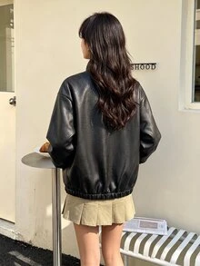 SHEIN Girls' Faux Leather Jacket, Long Sleeve, Fleece, Winter Clothes, Loose Fit 3D Silhouette Design, Motorcycle Style Career Day Black Cool Girl Student - Black - View 3