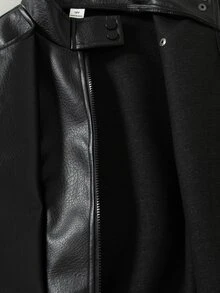 SHEIN Girls' Faux Leather Jacket, Long Sleeve, Fleece, Winter Clothes, Loose Fit 3D Silhouette Design, Motorcycle Style Career Day Black Cool Girl Student - Black - View 7