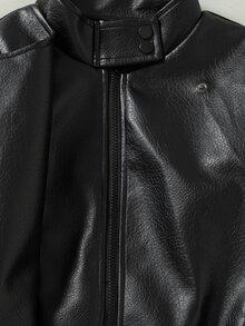 SHEIN Girls' Faux Leather Jacket, Long Sleeve, Fleece, Winter Clothes, Loose Fit 3D Silhouette Design, Motorcycle Style Career Day Black Cool Girl Student - Black - View 4
