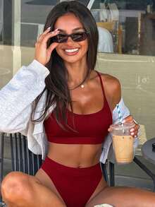 SHEIN Swim 2025 女士纯色休闲比基尼套装，适合海滩度假夏季 - 紅色 - 查看 1