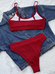 SHEIN Swim 2025 女士纯色休闲比基尼套装，适合海滩度假夏季 - 紅色 - 查看 2