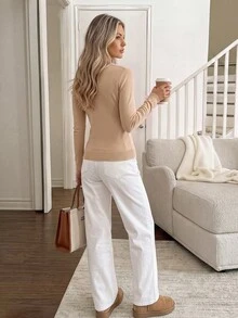 Easowa Women's Minimalist Button Half-Placket Long Sleeve Sweater - Khaki - View 6
