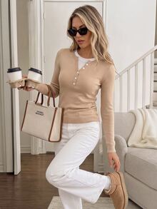 Easowa Women's Minimalist Button Half-Placket Long Sleeve Sweater - Khaki - View 4