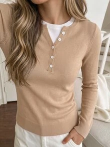 Easowa Women's Minimalist Button Half-Placket Long Sleeve Sweater - Khaki - View 1
