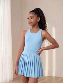 SHEIN Tween Girls' Sports Dress, Hollow Back Design, Pleated Hemline, Tennis Skirt, Casual And Sports, Autumn Winter, Fall, Back To School, Dance, Active - Blue - View 5