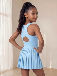 SHEIN Tween Girls' Sports Dress, Hollow Back Design, Pleated Hemline, Tennis Skirt, Casual And Sports, Autumn Winter, Fall, Back To School, Dance, Active - Blue - View 7