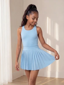 SHEIN Tween Girls' Sports Dress, Hollow Back Design, Pleated Hemline, Tennis Skirt, Casual And Sports, Autumn Winter, Fall, Back To School, Dance, Active - Blue - View 6