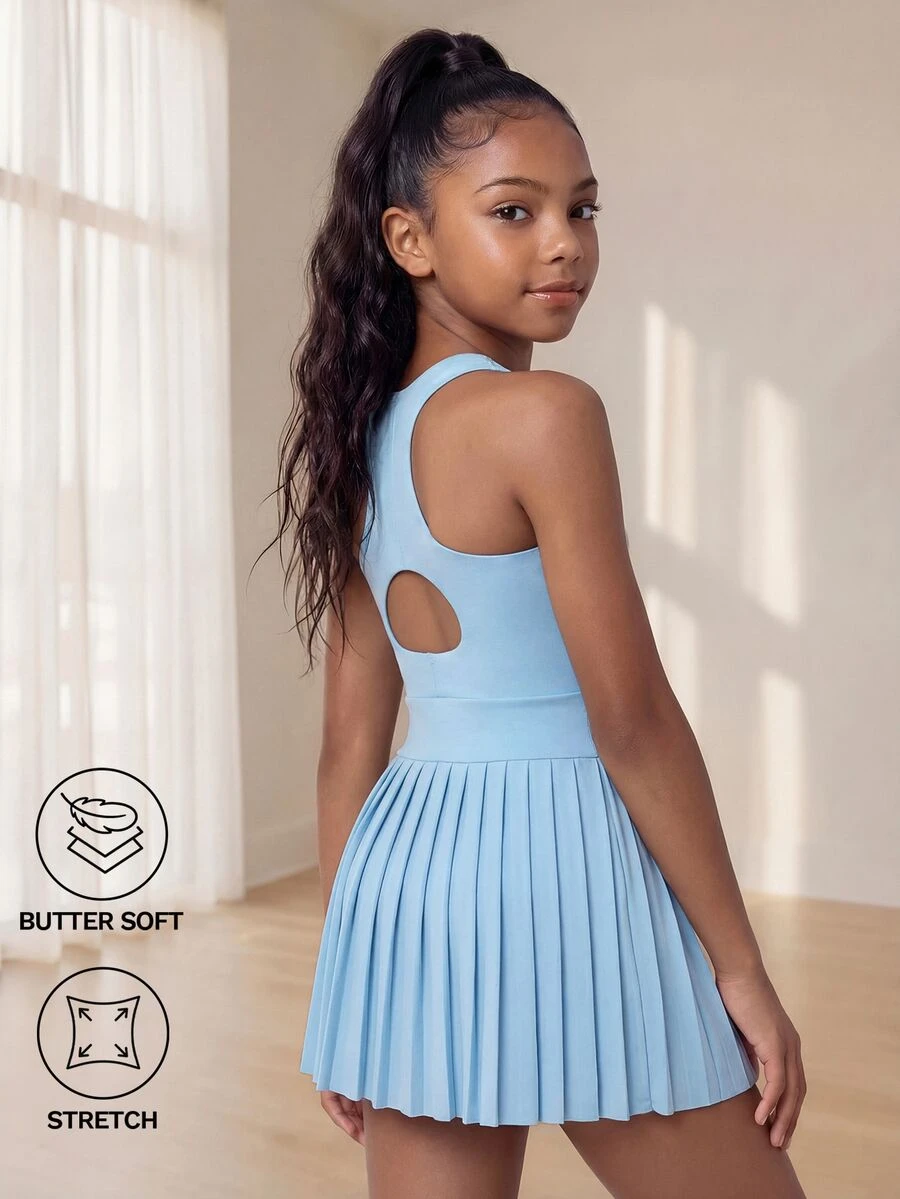 SHEIN Tween Girls' Sports Dress, Hollow Back Design, Pleated Hemline, Tennis Skirt, Casual And Sports, Autumn Winter, Fall, Back To School, Dance, Active