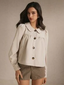 Poéselle Jaket Lengan Panjang Kasual Serbaguna Wanita Warna Polos dengan Lipatan, Jaket Musim Gugur/Dingin, Pakaian Kerja, Atasan Serbaguna, Atasan untuk Acara Keluar, Musim Gugur/Dingin - Aprikot - View 7