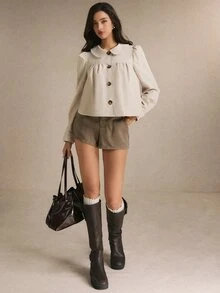 Poéselle Jaket Lengan Panjang Kasual Serbaguna Wanita Warna Polos dengan Lipatan, Jaket Musim Gugur/Dingin, Pakaian Kerja, Atasan Serbaguna, Atasan untuk Acara Keluar, Musim Gugur/Dingin - Aprikot - View 3