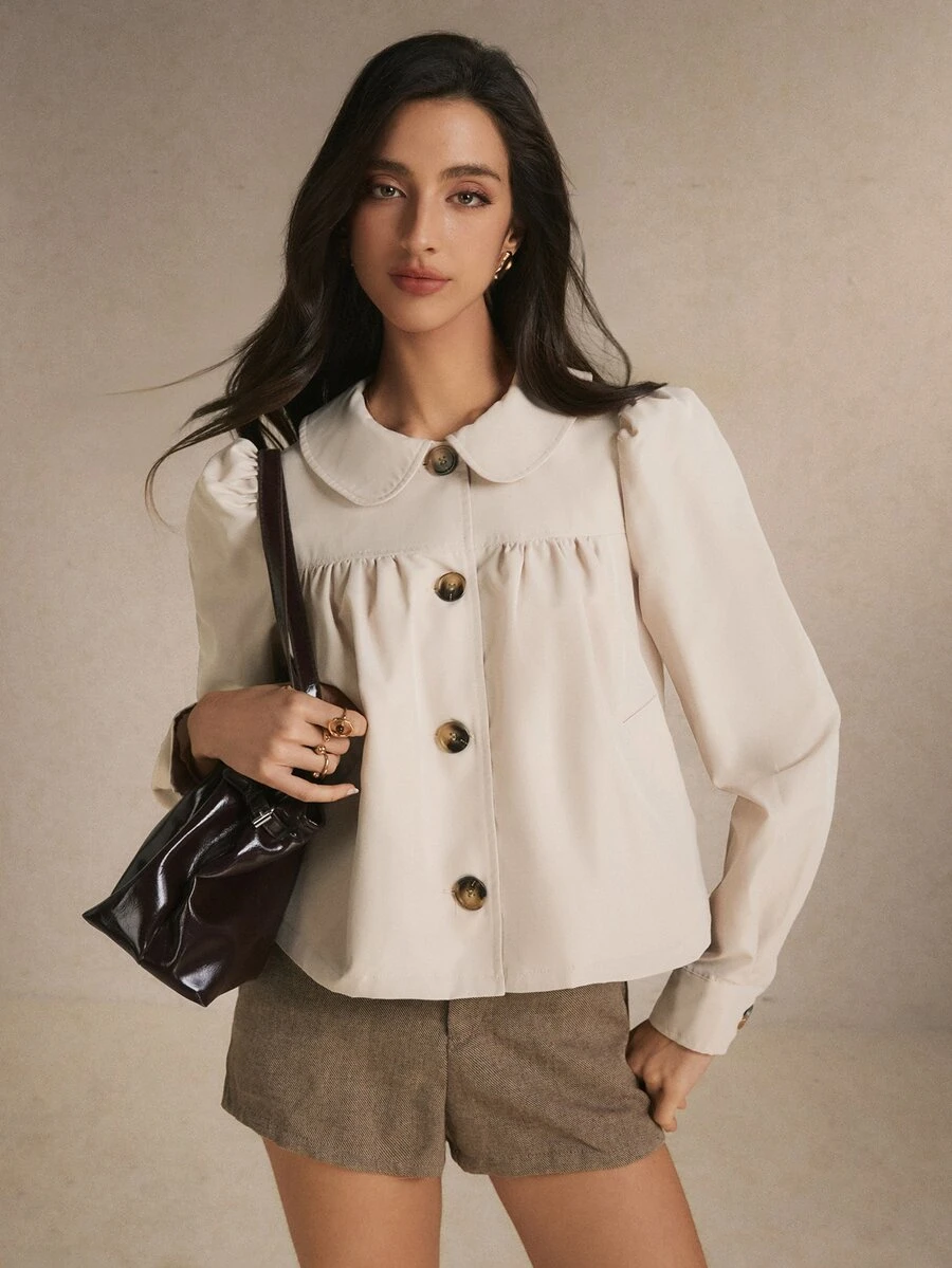 Poéselle Jaket Lengan Panjang Kasual Serbaguna Wanita Warna Polos dengan Lipatan, Jaket Musim Gugur/Dingin, Pakaian Kerja, Atasan Serbaguna, Atasan untuk Acara Keluar, Musim Gugur/Dingin