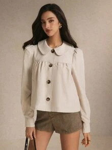 Poéselle Jaket Lengan Panjang Kasual Serbaguna Wanita Warna Polos dengan Lipatan, Jaket Musim Gugur/Dingin, Pakaian Kerja, Atasan Serbaguna, Atasan untuk Acara Keluar, Musim Gugur/Dingin - Aprikot - View 6