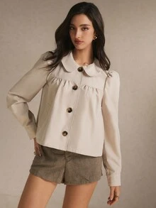 Poéselle Jaket Lengan Panjang Kasual Serbaguna Wanita Warna Polos dengan Lipatan, Jaket Musim Gugur/Dingin, Pakaian Kerja, Atasan Serbaguna, Atasan untuk Acara Keluar, Musim Gugur/Dingin - Aprikot - View 4