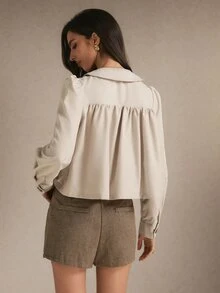 Poéselle Jaket Lengan Panjang Kasual Serbaguna Wanita Warna Polos dengan Lipatan, Jaket Musim Gugur/Dingin, Pakaian Kerja, Atasan Serbaguna, Atasan untuk Acara Keluar, Musim Gugur/Dingin - Aprikot - View 8